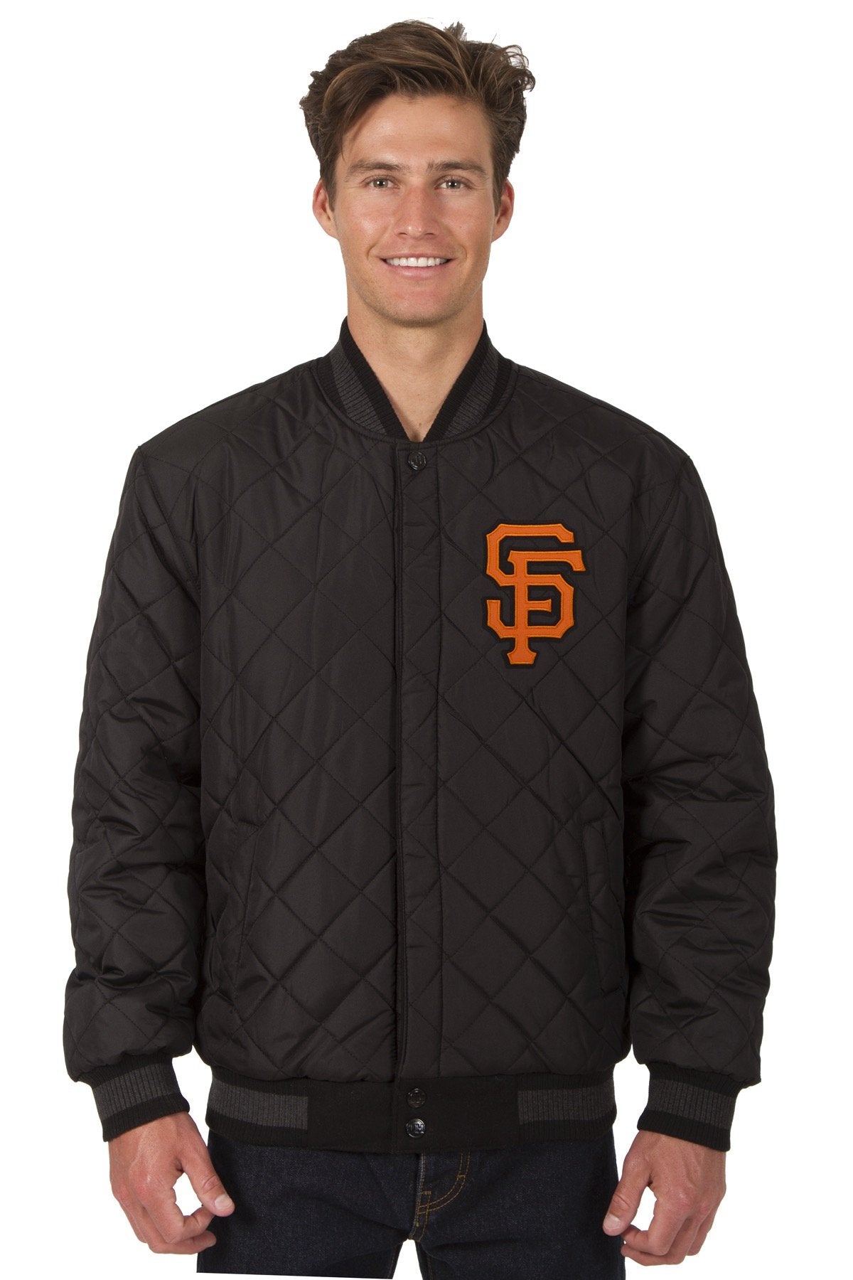 SAN FRANCISCO GIANTS WOOL & LEATHER REVERSIBLE JACKET W/ EMBROIDERED LOGOS - CHARCOAL/BLACK