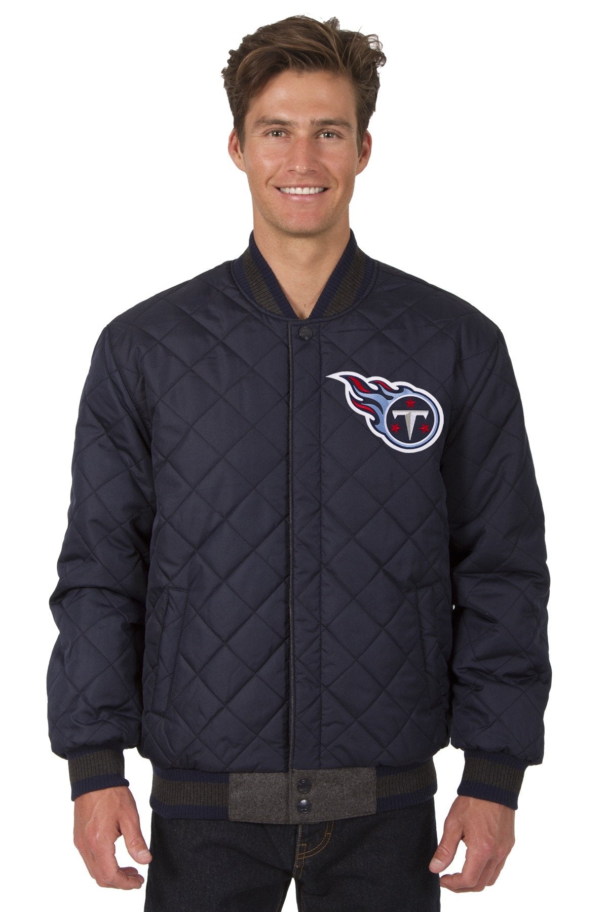 TENNESSEE TITANS WOOL & LEATHER REVERSIBLE JACKET W/ EMBROIDERED LOGOS - CHARCOAL/NAVY
