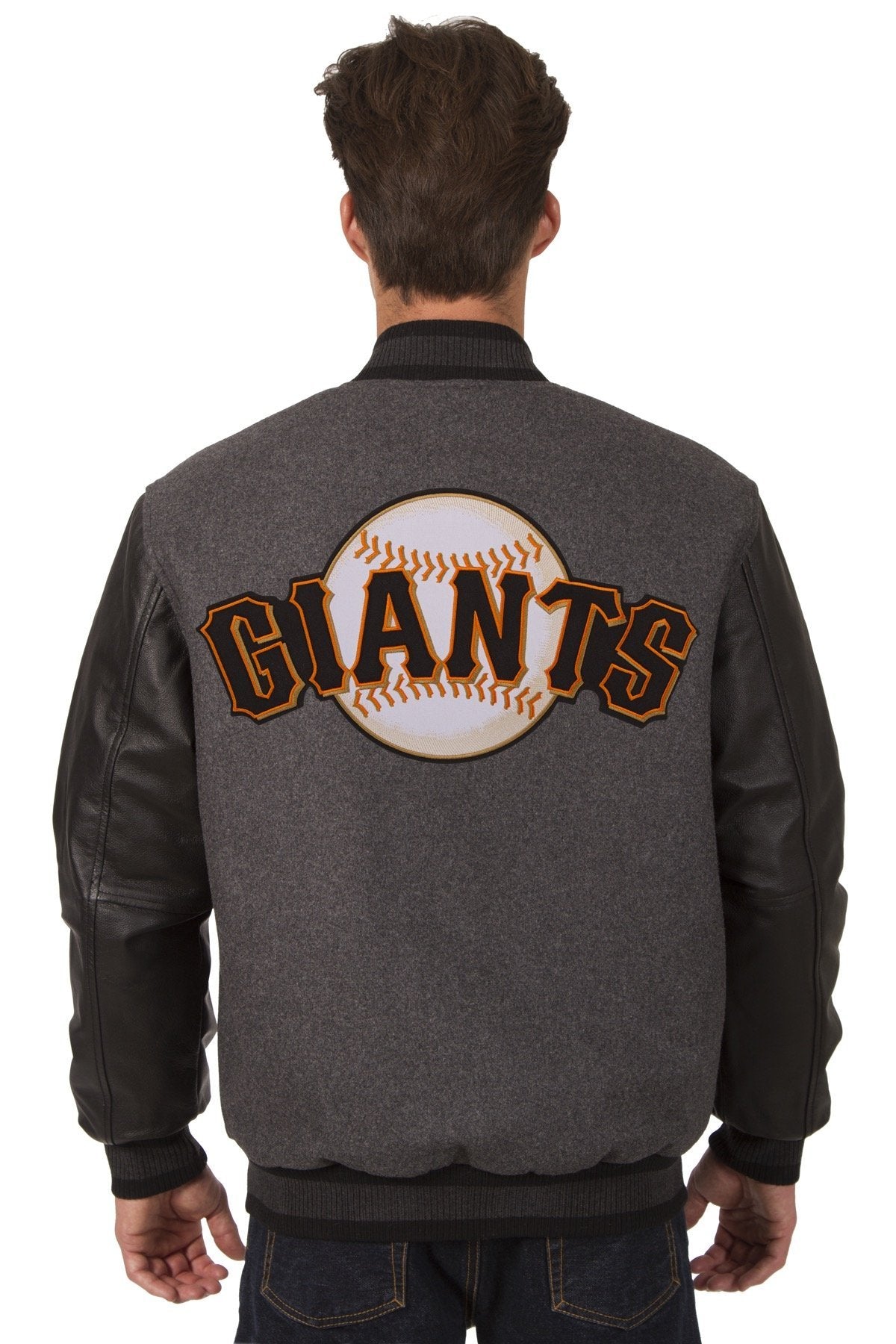 SAN FRANCISCO GIANTS WOOL & LEATHER REVERSIBLE JACKET W/ EMBROIDERED LOGOS - CHARCOAL/BLACK