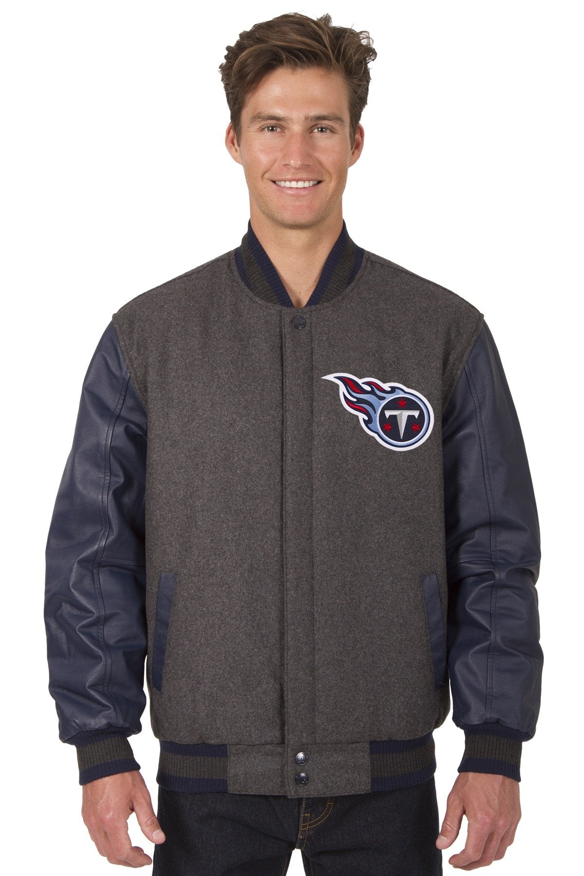 TENNESSEE TITANS WOOL & LEATHER REVERSIBLE JACKET W/ EMBROIDERED LOGOS - CHARCOAL/NAVY