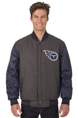 TENNESSEE TITANS WOOL & LEATHER REVERSIBLE JACKET W/ EMBROIDERED LOGOS - CHARCOAL/NAVY